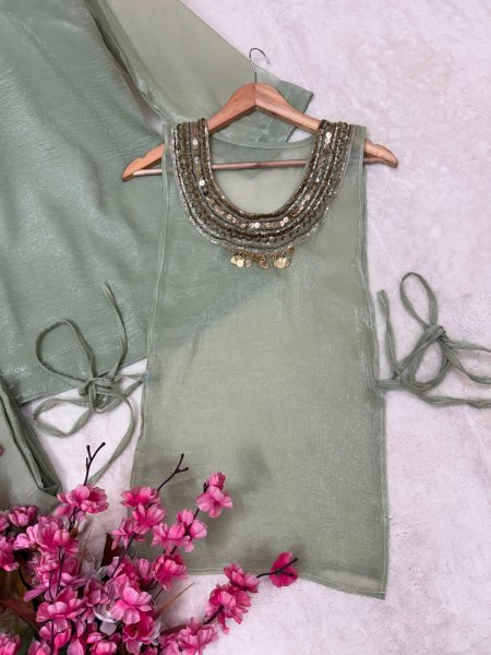 Adaptable Sage Green Three Pic Kurti Set With Beads Work At Manufacturer Direct Price Ready To Wear Collection