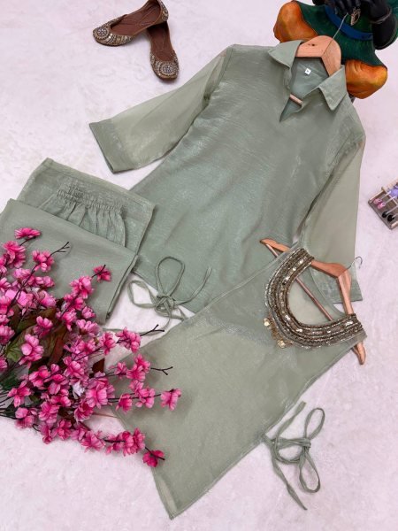 Adaptable Sage Green Three Pic Kurti Set With Beads Work At Manufacturer Direct Price Ready To Wear Collection