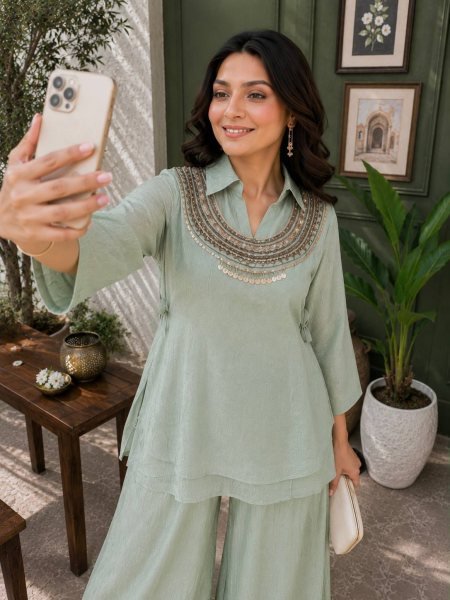 Adaptable Sage Green Three Pic Kurti Set With Beads Work At Manufacturer Direct Price Ready To Wear Collection