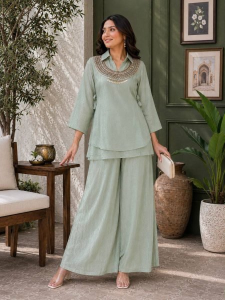 Adaptable Sage Green Three Pic Kurti Set With Beads Work At Manufacturer Direct Price Ready To Wear Collection