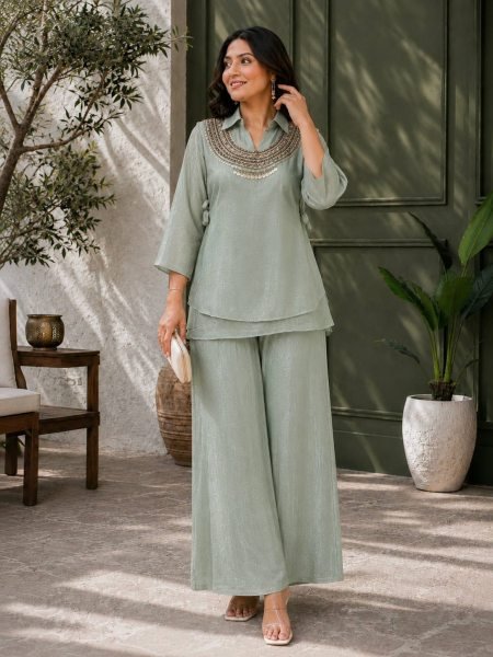 Adaptable Sage Green Three Pic Kurti Set With Beads Work At Manufacturer Direct Price Ready To Wear Collection