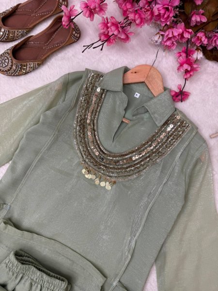 Adaptable Sage Green Three Pic Kurti Set With Beads Work At Manufacturer Direct Price Ready To Wear Collection
