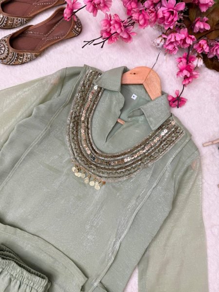Adaptable Sage Green Three Pic Kurti Set With Beads Work At Manufacturer Direct Price Ready To Wear Collection