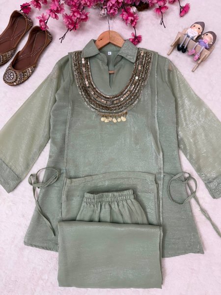 Adaptable Sage Green Three Pic Kurti Set With Beads Work At Manufacturer Direct Price Ready To Wear Collection
