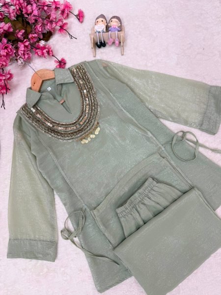 Adaptable Sage Green Three Pic Kurti Set With Beads Work At Manufacturer Direct Price Ready To Wear Collection