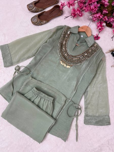 Adaptable Sage Green Three Pic Kurti Set With Beads Work At Manufacturer Direct Price Ready To Wear Collection