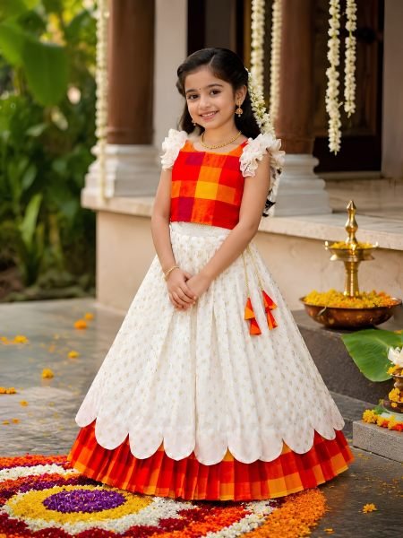 Adaptable White Kerala Sunrise Bloom Kids Lehenga in Premium Silk Blend and Soft Jacquard 