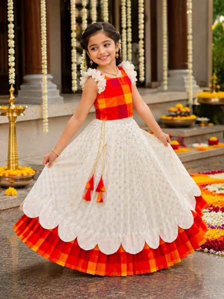 Adaptable White Kerala Sunrise Bloom Kids Lehenga in Premium Silk Blend and Soft Jacquard Girls Wear