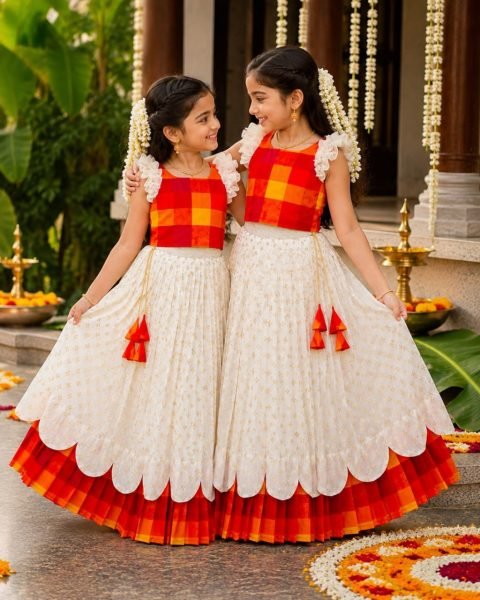 Adaptable White Kerala Sunrise Bloom Kids Lehenga in Premium Silk Blend and Soft Jacquard Girls Wear
