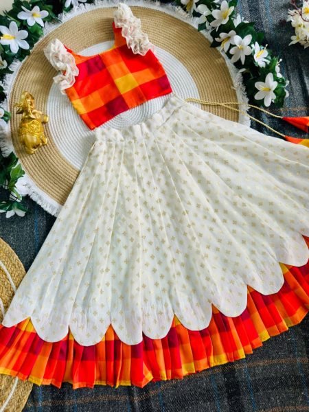 Adaptable White Kerala Sunrise Bloom Kids Lehenga in Premium Silk Blend and Soft Jacquard Girls Wear