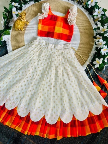 Adaptable White Kerala Sunrise Bloom Kids Lehenga in Premium Silk Blend and Soft Jacquard Girls Wear