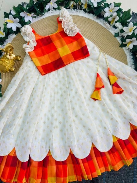 Adaptable White Kerala Sunrise Bloom Kids Lehenga in Premium Silk Blend and Soft Jacquard Girls Wear