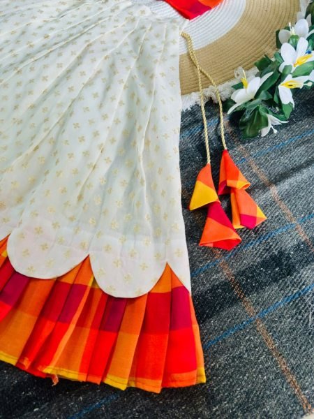 Adaptable White Kerala Sunrise Bloom Kids Lehenga in Premium Silk Blend and Soft Jacquard Girls Wear
