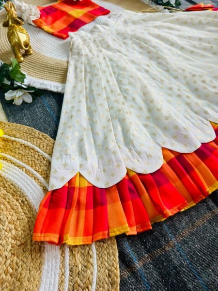 Adaptable White Kerala Sunrise Bloom Kids Lehenga in Premium Silk Blend and Soft Jacquard Girls Wear