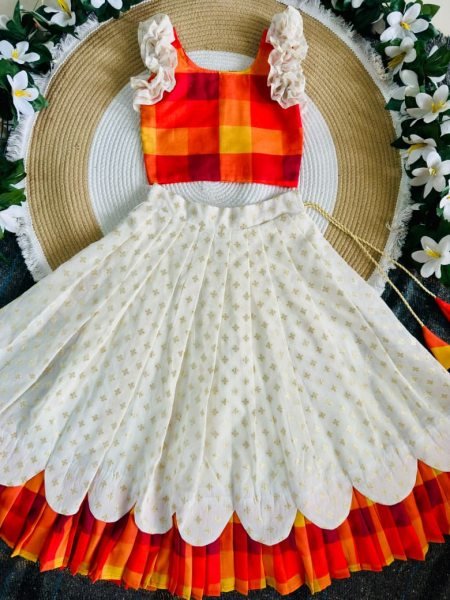Adaptable White Kerala Sunrise Bloom Kids Lehenga in Premium Silk Blend and Soft Jacquard Girls Wear