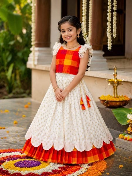 Adaptable White Kerala Sunrise Bloom Kids Lehenga in Premium Silk Blend and Soft Jacquard Girls Wear