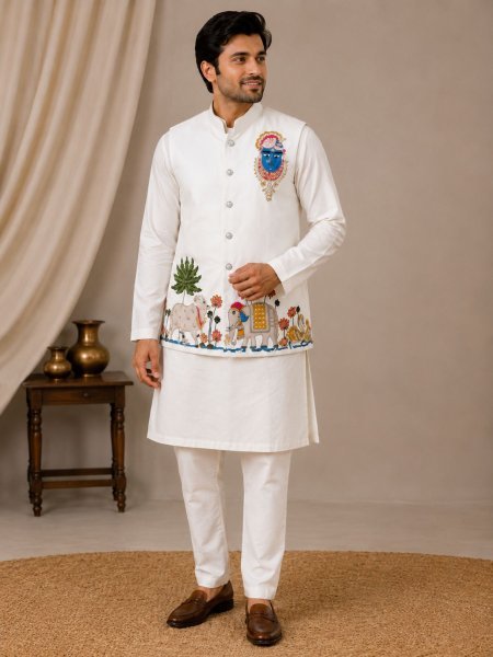 Adaptable White Wedding Wear Koti Kurta Pajama Set in Premium Malai Satin Fabric Mens Wear