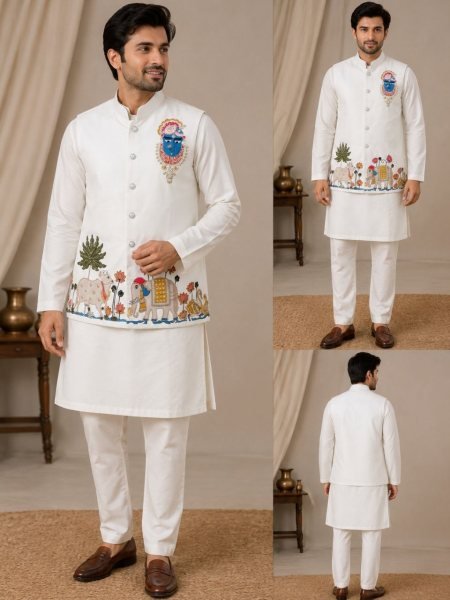 Adaptable White Wedding Wear Koti Kurta Pajama Set in Premium Malai Satin Fabric Kurta Pajama Wholesale