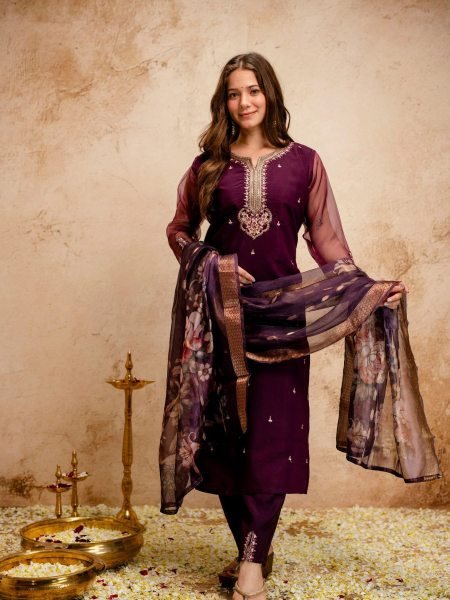 Adaptable Wine Hand Embroidered Straight Kurta with Trousers And Organza Stole Kurtis
