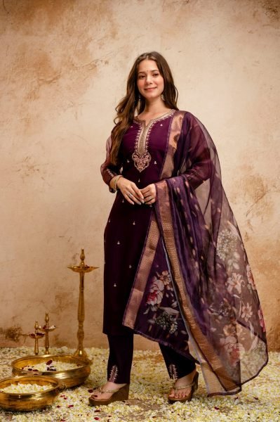 Adaptable Wine Hand Embroidered Straight Kurta with Trousers And Organza Stole  Straight Cut Long Kurtis
