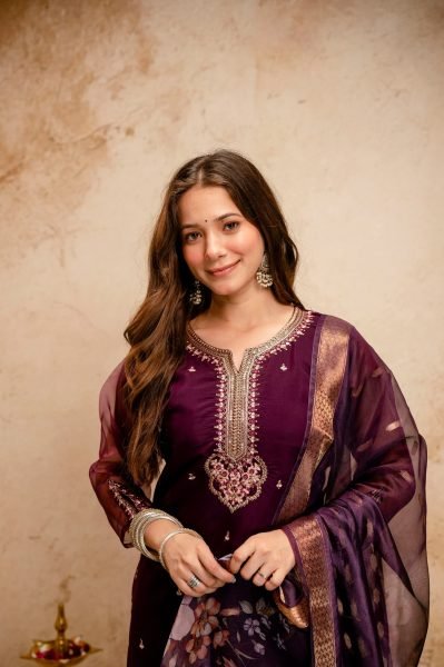 Adaptable Wine Hand Embroidered Straight Kurta with Trousers And Organza Stole  Straight Cut Long Kurtis