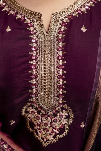 Adaptable Wine Hand Embroidered Straight Kurta with Trousers And Organza Stole  Straight Cut Long Kurtis
