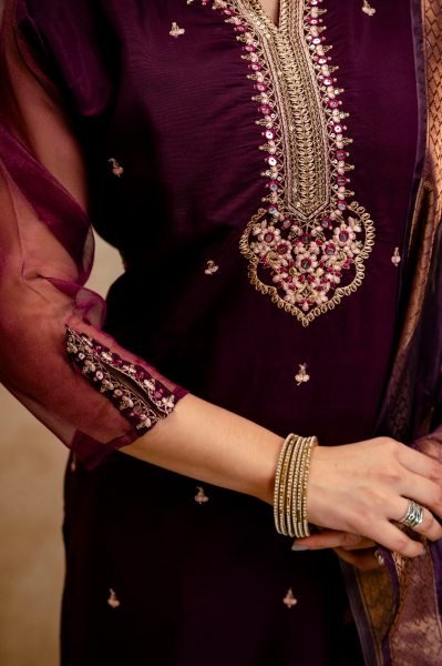 Adaptable Wine Hand Embroidered Straight Kurta with Trousers And Organza Stole  Straight Cut Long Kurtis