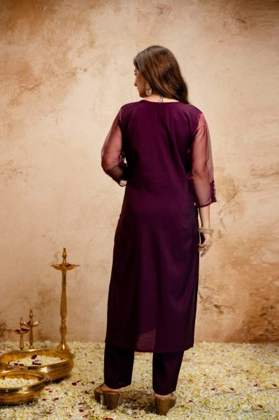 Adaptable Wine Hand Embroidered Straight Kurta with Trousers And Organza Stole  Straight Cut Long Kurtis