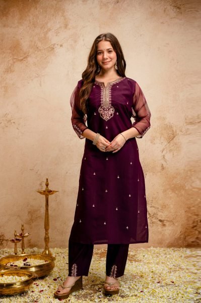 Adaptable Wine Hand Embroidered Straight Kurta with Trousers And Organza Stole  Straight Cut Long Kurtis