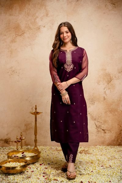 Adaptable Wine Hand Embroidered Straight Kurta with Trousers And Organza Stole  Straight Cut Long Kurtis