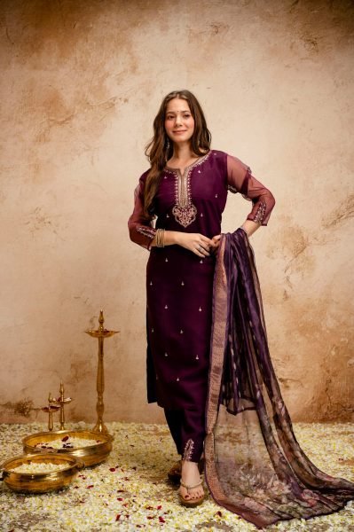 Adaptable Wine Hand Embroidered Straight Kurta with Trousers And Organza Stole  Straight Cut Long Kurtis