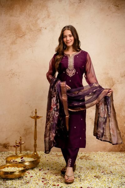 Adaptable Wine Hand Embroidered Straight Kurta with Trousers And Organza Stole  Straight Cut Long Kurtis