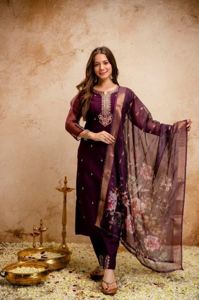 Adaptable Wine Hand Embroidered Straight Kurta with Trousers And Organza Stole  Straight Cut Long Kurtis