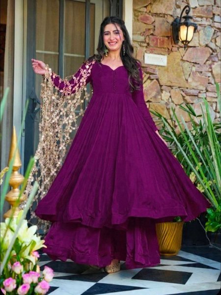 Adaptable Wine Premium Anarkali Plazo Set with Heavy Flair for Party Wear 