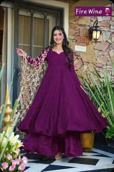 Adaptable Wine Premium Anarkali Plazo Set with Heavy Flair for Party Wear Ready To Wear Collection