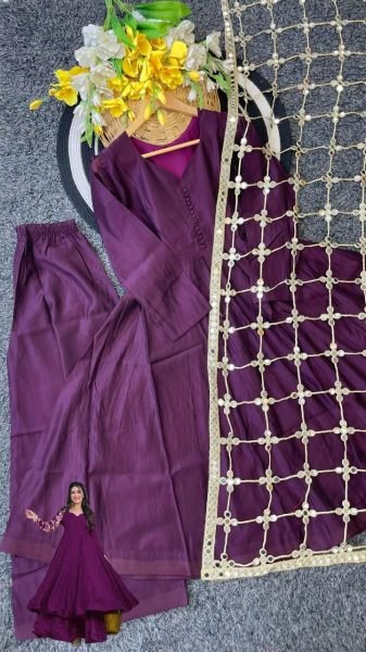 Adaptable Wine Premium Anarkali Plazo Set with Heavy Flair for Party Wear Ready To Wear Collection