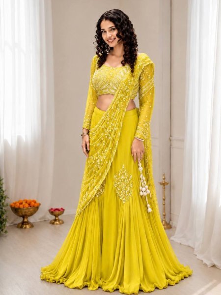 Adaptable Yellow Lehenga Saree with Attached Pallu for Wedding and Festive Functions 