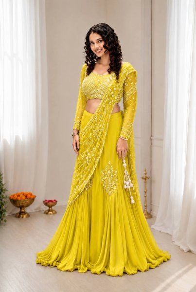 Adaptable Yellow Lehenga Saree with Attached Pallu for Wedding and Festive Functions Ready To Wear Saree 