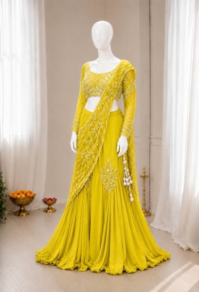 Adaptable Yellow Lehenga Saree with Attached Pallu for Wedding and Festive Functions Ready To Wear Saree 