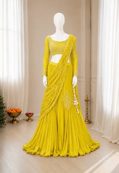 Adaptable Yellow Lehenga Saree with Attached Pallu for Wedding and Festive Functions Ready To Wear Saree 