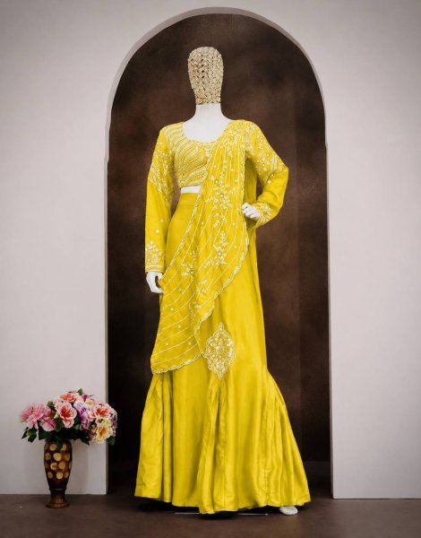 Adaptable Yellow Lehenga Saree with Attached Pallu for Wedding and Festive Functions Ready To Wear Saree 