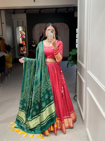 Adorable Coral Red Gaji Silk Sangeet Wear Lehenga Choli With Dupatta 