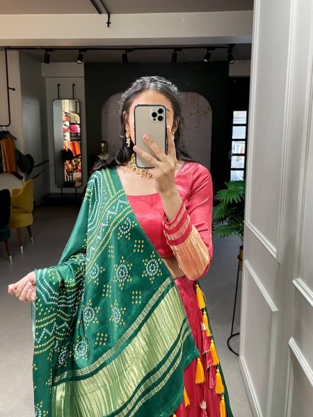 Adorable Coral Red Gaji Silk Sangeet Wear Lehenga Choli With Dupatta Navratri Lehnega Choli