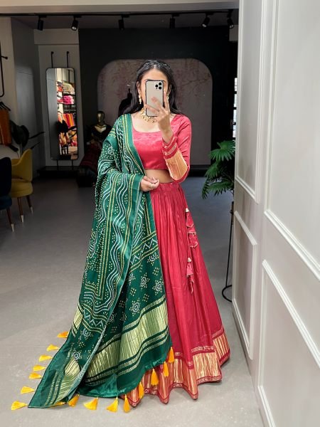 Adorable Coral Red Gaji Silk Sangeet Wear Lehenga Choli With Dupatta Navratri Lehnega Choli