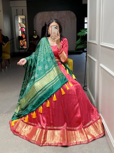 Adorable Coral Red Gaji Silk Sangeet Wear Lehenga Choli With Dupatta Navratri Lehnega Choli