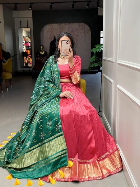 Adorable Coral Red Gaji Silk Sangeet Wear Lehenga Choli With Dupatta Navratri Lehnega Choli