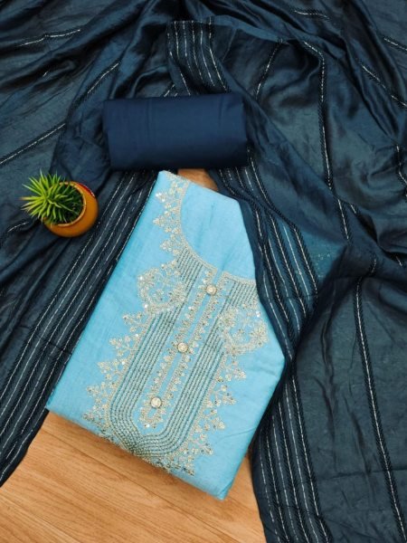 Adorable Heavy rayon Blue Color Dress Material with A Durable Heavy Cotton Bottom And Dupatta 