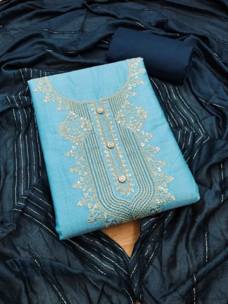 Adorable Heavy rayon Blue Color Dress Material with A Durable Heavy Cotton Bottom And Dupatta  Color Set Matching Dress Material Wholesale