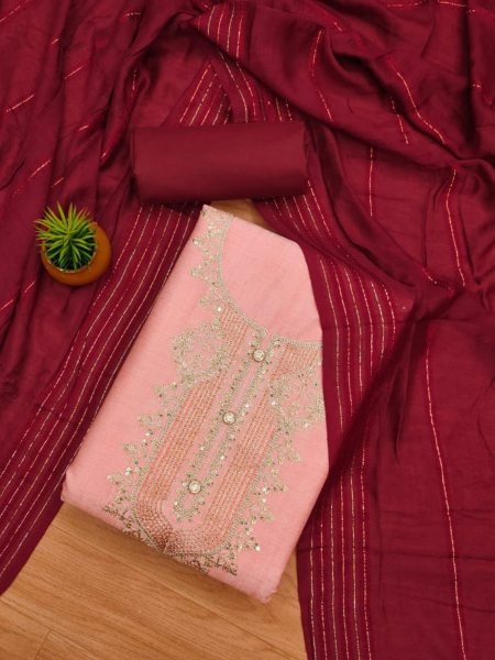 Adorable Heavy rayon Pink Color Dress Material with A Durable Heavy Cotton Bottom And Dupatta 