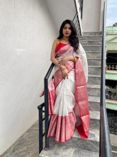 Affordable White Lichi Silk Saree with Rich Pallu And Contrast Blouse  Sarees 